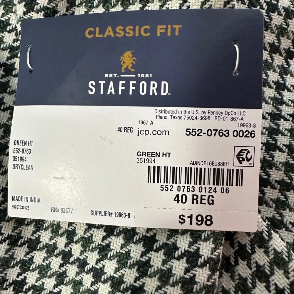 Stafford Mens 40 Regular Sport Coat Green Houndstooth Wool Blend Classic Fit NEW
